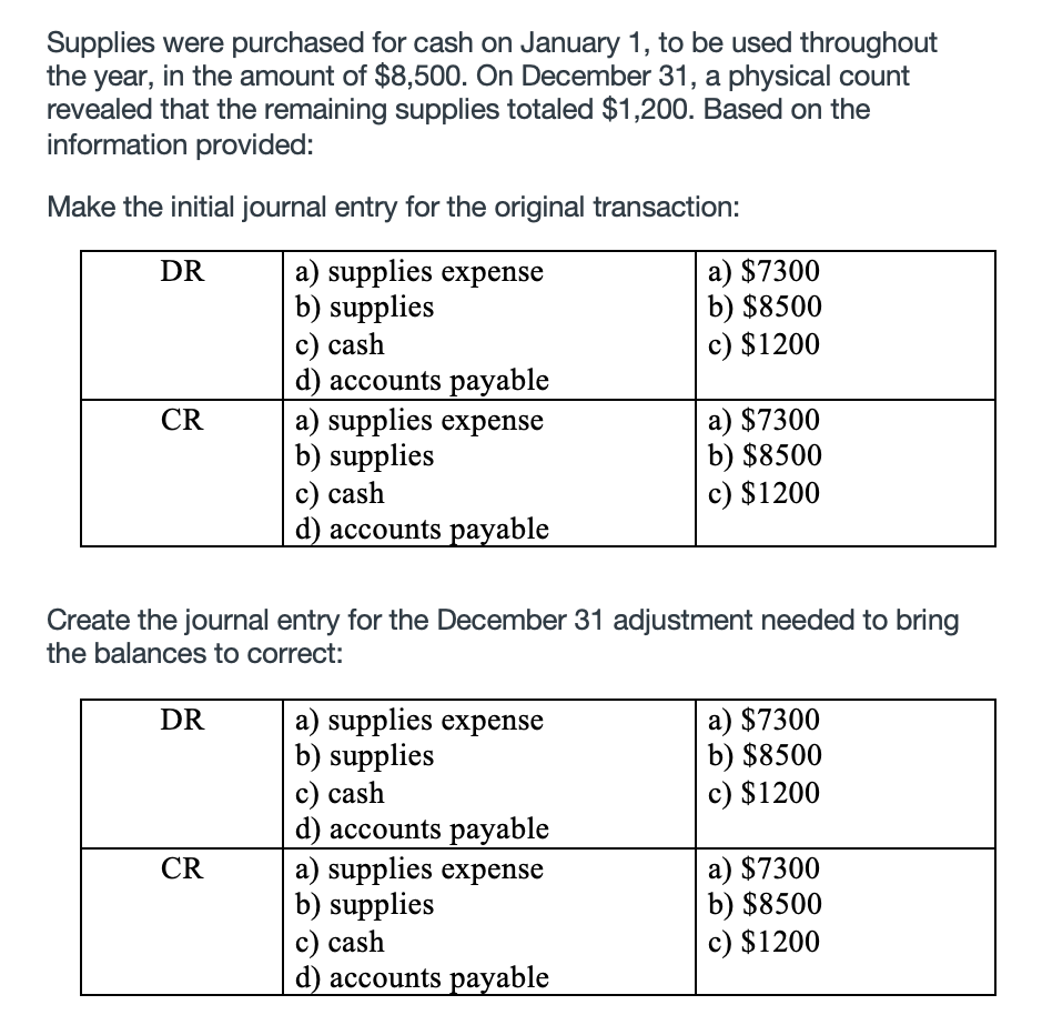Supplies were purchased for cash on January 1, to be used throughout
the year, in the amount of $8,500. On December 31, a physical count
revealed that the remaining supplies totaled $1,200. Based on the
information provided:
Make the initial journal entry for the original transaction:
a) $7300
b) $8500
c) $1200
a) supplies expense
b) supplies
с) cash
d) accounts payable
a) supplies expense
b) supplies
с) cash
d) accounts payable
DR
a) $7300
b) $8500
c) $1200
CR
Create the journal entry for the December 31 adjustment needed to bring
the balances to correct:
a) $7300
b) $8500
c) $1200
a) supplies expense
b) supplies
с) cash
d) accounts payable
a) supplies expense
b) supplies
с) cash
d) accounts payable
DR
a) $7300
b) $8500
c) $1200
CR
