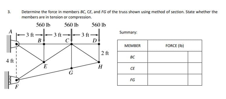 Determine the force in members BC, CE, and FG of the truss shown using method of section. State whether the
members are in tension or compression.
3.
560 lb
560 lb
560 lb
Summary:
3 ft
3 ft
3 ft
D
B
C
МЕМBER
FORCE (Ib)
2 ft
BC
H
СЕ
G
FG
F
