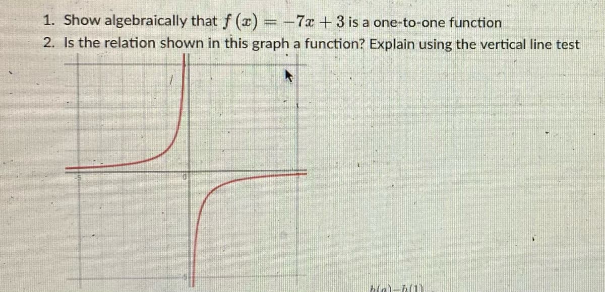 1. Show algebraically that f (z) = -7x + 3 is a one-to-one function
2. Is the relation shown in this graph a function? Explain using the vertical line test
