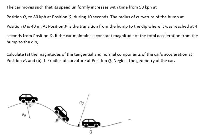 The car moves such that its speed uniformly increases with time from 50 kph at
Position 0, to 80 kph at Position Q, during 10 seconds. The radius of curvature of the hump at
Position O is 40 m. At Position P is the transition from the hump to the dip where it was reached at 4
seconds from Position 0. If the car maintains a constant magnitude of the total acceleration from the
hump to the dip,
Calculate (a) the magnitudes of the tangential and normal components of the car's acceleration at
Position P, and (b) the radius of curvature at Position Q. Neglect the geometry of the car.
Po
