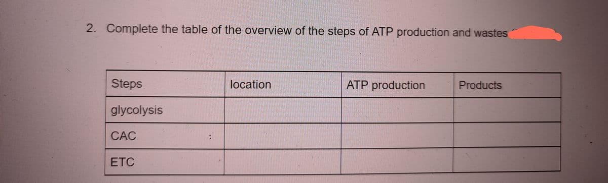 2. Complete the table of the overview of the steps of ATP production and wastes
Steps
location
ATP production
Products
glycolysis
САC
ETC
