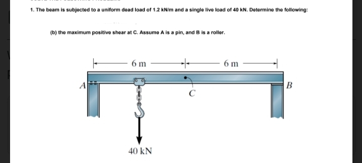 1. The beam is subjected to a uniform dead load of 1.2 kN/m and a single live load of 40 kN. Detormine the following:
(b) the maximum positive shear at C. Assume A is a pin, and B is a roller.
6 m
6 m
B
C
40 kN
