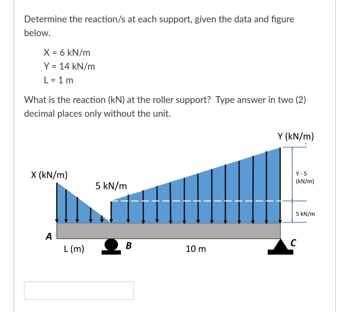 Determine the reaction/s at each support, given the data and figure
below.
X = 6 kN/m
Y = 14 kN/m
L = 1 m
What is the reaction (kN) at the roller support? Type answer in two (2)
decimal places only without the unit.
Y (kN/m)
X (kN/m)
Y - 5
(kN/m)
5 kN/m
5 kN/m
A
В
L (m)
10 m
