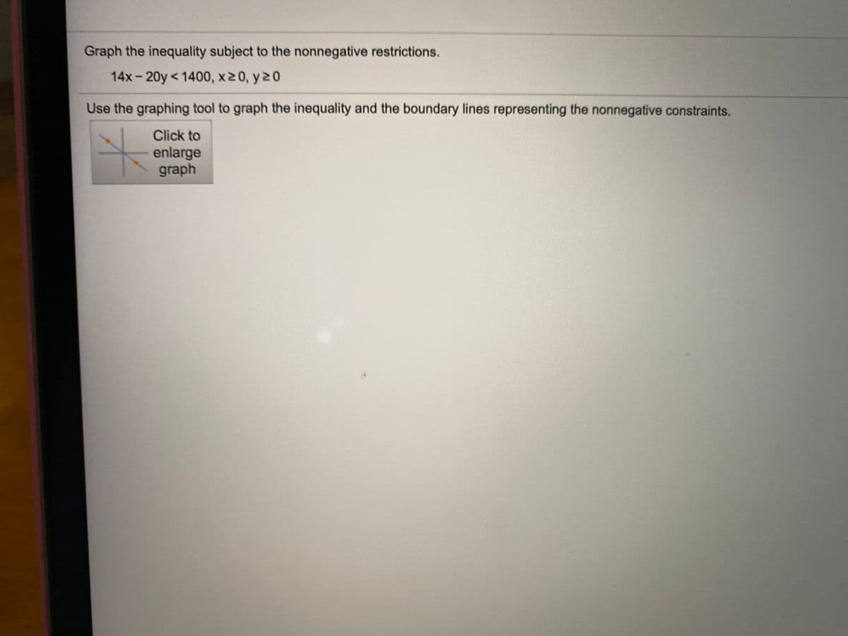 Graph the inequality subject to the nonnegative restrictions.
14x-20y<1400, x20, y20
Use the graphing tool to graph the inequality and the boundary lines representing the nonnegative constraints.
Click to
enlarge
graph
