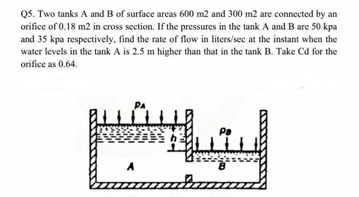 Q5. Two tanks A and B of surface areas 600 m2 and 300 m2 are connected by an
orifice of 0.18 m2 in cross section. If the pressures in the tank A and B are 50 kpa
and 35 kpa respectively, find the rate of flow in liters/sec at the instant when the
water levels in the tank A is 2.5 m higher than that in the tank B. Take Cd for the
orifice as 0.64.
Pa
A
