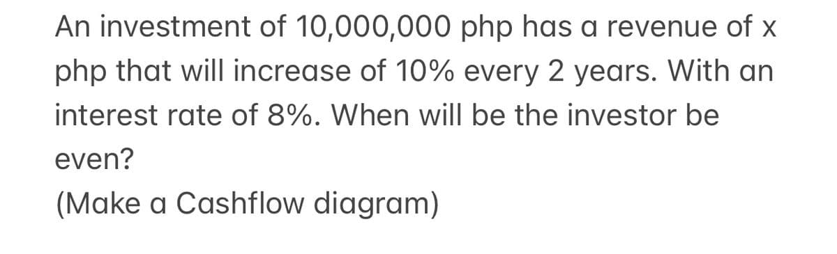 An investment of 10,000,000 php has a revenue of x
php that will increase of 10% every 2 years. With an
interest rate of 8%. When will be the investor be
even?
(Make a Cashflow diagram)
