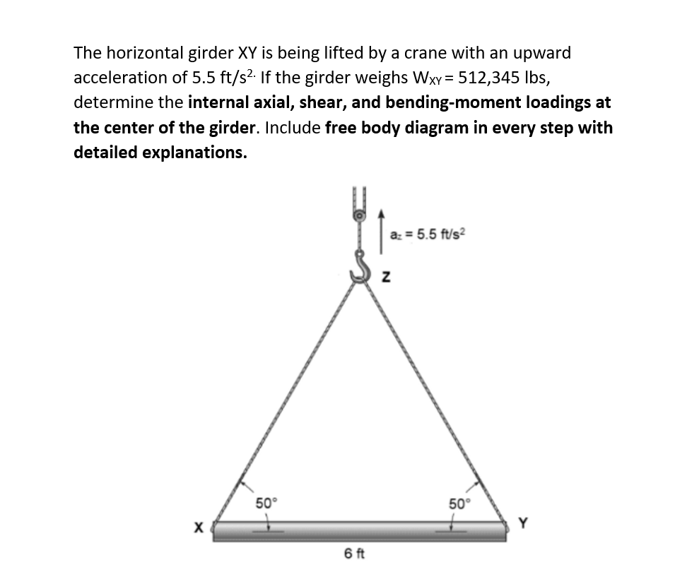 The horizontal girder XY is being lifted by a crane with an upward
acceleration of 5.5 ft/s². If the girder weighs Wxy = 512,345 lbs,
determine the internal axial, shear, and bending-moment loadings at
the center of the girder. Include free body diagram in every step with
detailed explanations.
X
50°
6 ft
az = 5.5 ft/s²
Z
50°
Y
