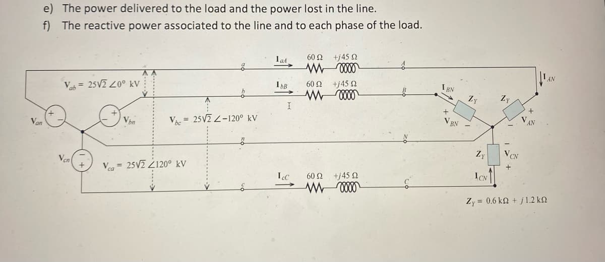 e) The power delivered to the load and the power lost in the line.
f) The reactive power associated to the line and to each phase of the load.
Van
Vab= 25√2 400 kV
Ven
Von
Vhe 25√22-120⁰ kV
Vca 25√2 2120⁰ kV
IaA
IbB
I
IcC
60 Ω +j45 92
M0000
60 Ω
+j45 Ω
oooo
60 S2 +j45 92
W 0000
I BN
V BN
Zx
Zy
ICN
Zy
VCN
+
AN
Zy = 0.6 kΩ + j1.2 kΩ
AN