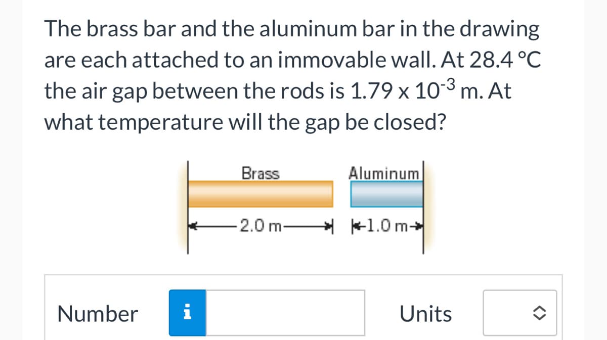 The brass bar and the aluminum bar in the drawing
are each attached to an immovable wall. At 28.4 °C
the air gap between the rods is 1.79 x 10-³ m. At
what temperature will the gap be closed?
Number
i
Brass
-2.0 m-
Aluminum
1.0 m
Units
<>