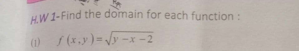 H.W 1-Find the domain for each function :
(1)
f (x,y)=Jy-x-2
