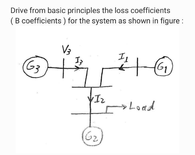 Drive from basic principles the loss coefficients
(B coefficients ) for the system as shown in figure :
G3
V₂
VIZ
I
(G₂)
I,
+6₂
> Load