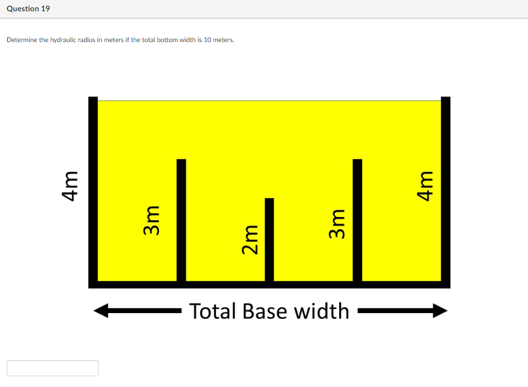 Question 19
Determine the hydraulic radius in meters if the total bottom width is 10 meters.
Total Base width
