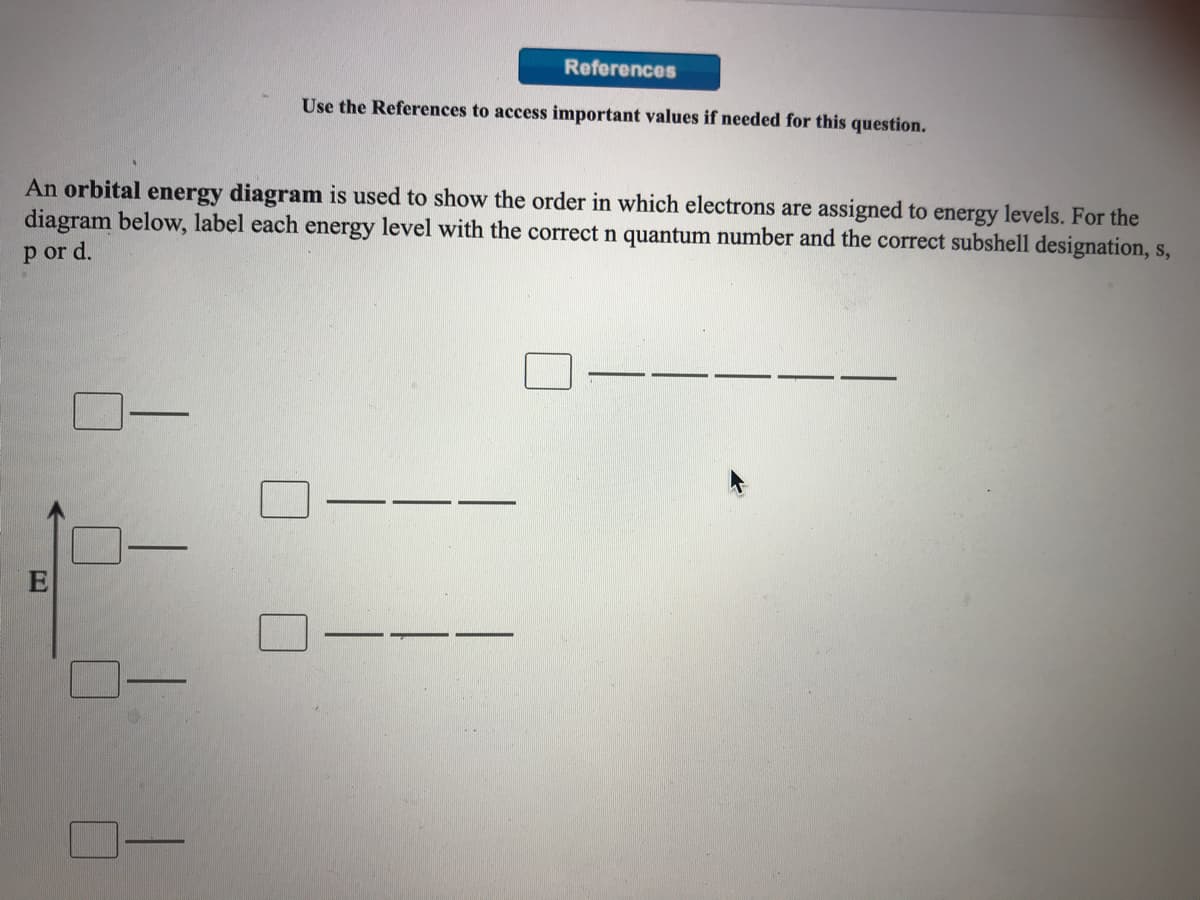 References
Use the References to access important values if needed for this question.
An orbital energy diagram is used to show the order in which electrons are assigned to energy levels. For the
diagram below, label each energy level with the correct n quantum number and the correct subshell designation, s,
p or d.
