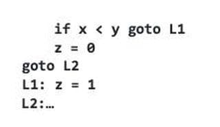 if x < y goto L1
z = 0
goto L2
L1: z = 1
L2:..
