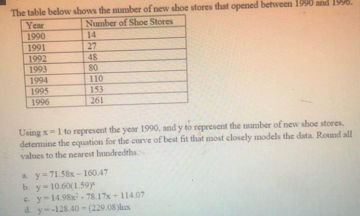 The table below shows the number of new shoe stores that opened between 1990 and 1996.
Year
Number of Shoe Stores
1990
14
1991
27
1992
1993
48
80
1994
110
1995
153
1996
261
Using x
detemine the equation for the curve of best fit that most closely models the data. Round all
values to the nearest hundredths.
= 1 to represent the year 1990, and y to represent the number of new shoe stores,
a. y 71.58x- 160.47
b. y= 10.60(1.59)*
c. y 14.98x- - 78.17x + 114.07
d. y=-128.40 (229.08)lnx
