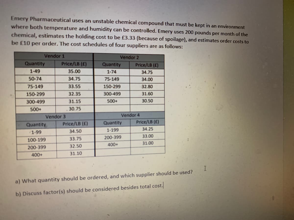 Emery Pharmaceutical uses an unstable chemical compound that must be kept in an environment
where both temperature and humidity can be controlled. Emery uses 200 pounds per month of the
chemical, estimates the holding cost to be £3.33 (because of spoilage), and estimates order costs to
be £10 per order. The cost schedules of four suppliers are as follows:
Vendor 1
Vendor 2
Quantity
Price/LB (£)
Quantity
Price/LB (E)
1-49
35.00
1-74
34.75
50-74
34.75
75-149
34.00
75-149
33.55
150-299
32.80
150-299
32.35
300-499
31.60
300-499
31.15
500+
30.50
500+
30.75
Vendor 3
Vendor 4
Quantity
Price/LB (£)
Quantity
Price/LB (£)
34.50
1-199
34.25
1-99
33.75
200-399
33.00
100-199
400+
31.00
200-399
32.50
400+
31.10
a) What quantity should be ordered, and which supplier should be used?
b) Discuss factor(s) should be considered besides total cost.
