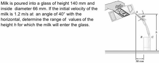 Milk is poured into a glass of height 140 mm and
inside diameter 66 mm. If the initial velocity of the
milk is 1.2 m/s at an angle of 40° with the
horizontal, determine the range of values of the
height h for which the milk will enter the glass.
MILK
40
AD mm
