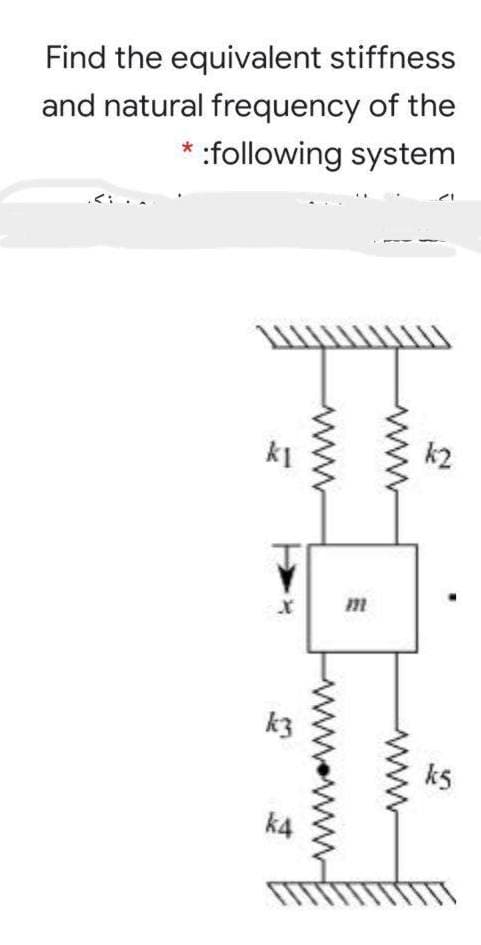 Find the equivalent stiffness
and natural frequency of the
* :following system
k1
k2
k5
k4
ww
ww
