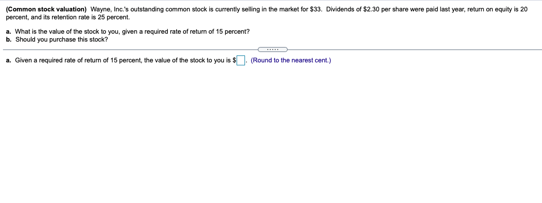 (Common stock valuation) Wayne, Inc.'s outstanding common stock is currently selling in the market for $33. Dividends of $2.30 per share were paid last year, return on equity is 20
percent, and its retention rate is 25 percent.
a. What is the value of the stock to you, given a required rate of return of 15 percent?
b. Should you purchase this stock?
a. Given a required rate of return of 15 percent, the value of the stock to you is $
(Round to the nearest cent.)
