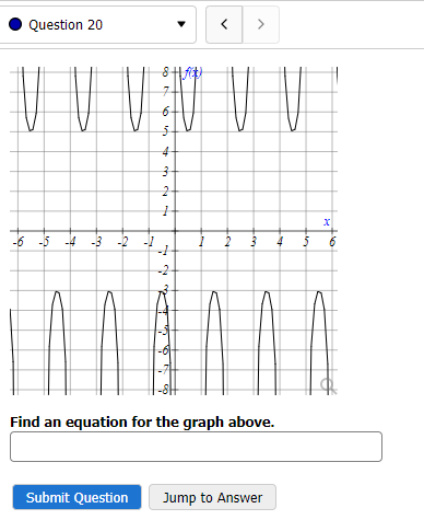 Question 20
ú
N
7
16
5-
432
1
-1
-2
>
2 3 4 5
Find an equation for the graph above.
Submit Question Jump to Answer
x
-10
6