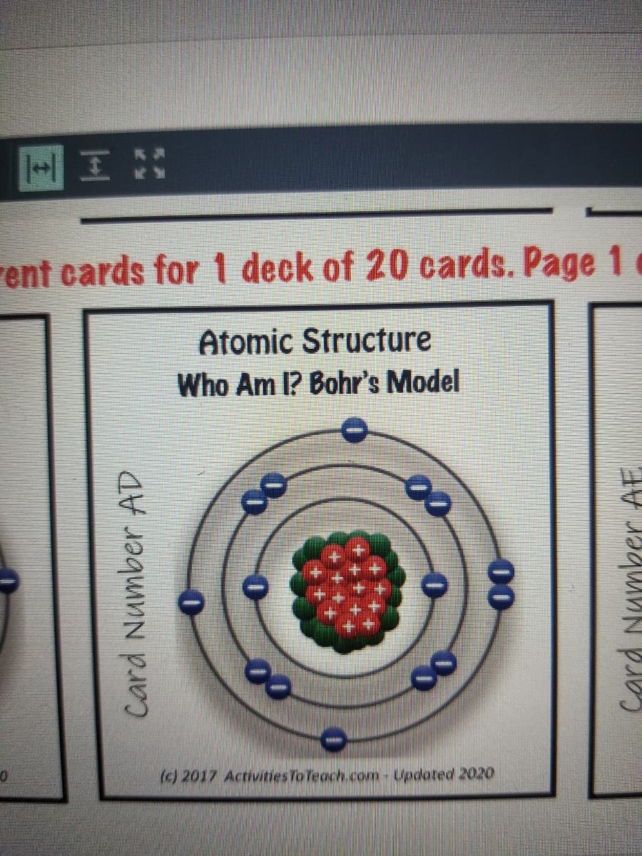 rent cards for 1 deck of 20 cards. Page 1
Atomic Structure
Who Am I? Bohr's Model
00
(e) 2017 ActivitiesToTeach.com- Updoted 2020
Card Number AD
00
Card Numker AE
