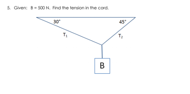 Given: B = 500 N. Find the tension in the cord.
30°
45°
B.
