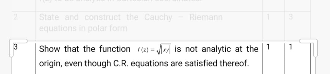 State and construct the Cauchy
equations in polar form
2.
Riemann
3.
Show that the function f(z) =
= Vxy] is not analytic at the 1
1
origin, even though C.R. equations are satisfied thereof.

