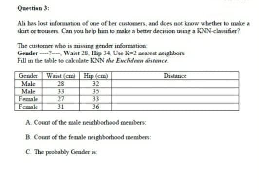 Question 3:
Ali has lost information of one of her customers, and does not know whether to make a
skirt or trousers. Can you help him to make a better decision using a KNN-classifier?
The customer who is missing gender information:
Gender --?--, Waist 28, Hip 34, Use K=2 nearest neighbors.
Fill in the table to calculate KNN the Euclidean distance.
ITT
Distance
Gender Waist (cm) Hip (cm)
Male
Male
Female
Female
28
32
33
27
31
35
33
36
A. Count of the male neighborhood members:
B. Count of the female neighborhood members:
C. The probably Gender is:
