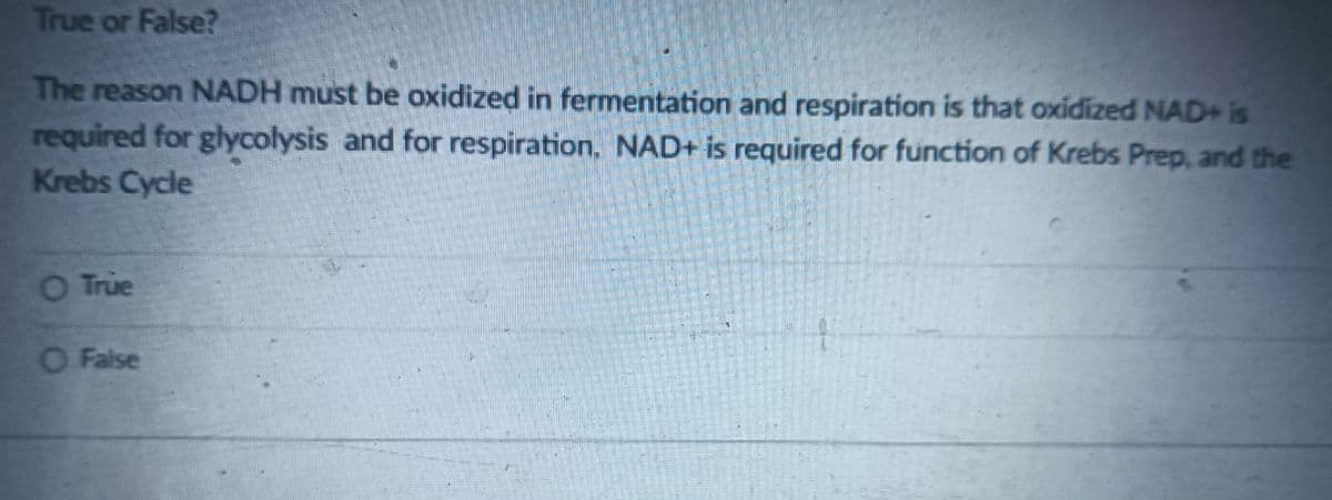 True or False?
The reason NADH must be oxidized in fermentation and respiration is that oxidized NAD+ is
required for glycolysis and for respiration, NAD+ is required for function of Krebs Prep, and the
Krebs Cycle
O True
O False