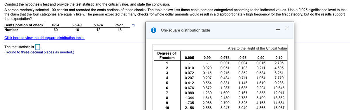 Conduct the hypothesis test and provide the test statistic and the critical value, and state the conclusion.
A person randomly selected 100 checks and recorded the cents portions of those checks. The table below lists those cents portions categorized according to the indicated values. Use a 0.025 significance level to test
the claim that the four categories are equally likely. The person expected that many checks for whole dollar amounts would result in a disproportionately high frequency for the first category, but do the results support
that expectation?
Cents portion of check
0-24
25-49
50-74
75-99
Number
60
10
12
18
Chi-square distribution table
Click here to view the chi-square distribution table.
The test statistic is
Area to the Right of the Critical Value
(Round to three decimal places as needed.)
Degrees of
Freedom
0.995
0.99
0.975
0.95
0.90
0.10
1
0.001
0.004
0.016
2.706
2
0.010
0.020
0.051
0.103
0.211
4.605
3
0.072
0.115
0.216
0.352
0.584
6.251
4
0.207
0.297
0.484
0.711
1.064
7.779
5
0.412
0.554
0.831
1.145
1.610
9.236
6
0.676
0.872
1.237
1.635
2.204
10.645
7
0.989
1.239
1.690
2.167
2.833
12.017
1.344
1.646
2.180
2.733
3.490
13.362
1.735
2.088
2.700
3.325
4.168
14.684
10
2.156
2.558
3.247
3.940
4.865
15.987
