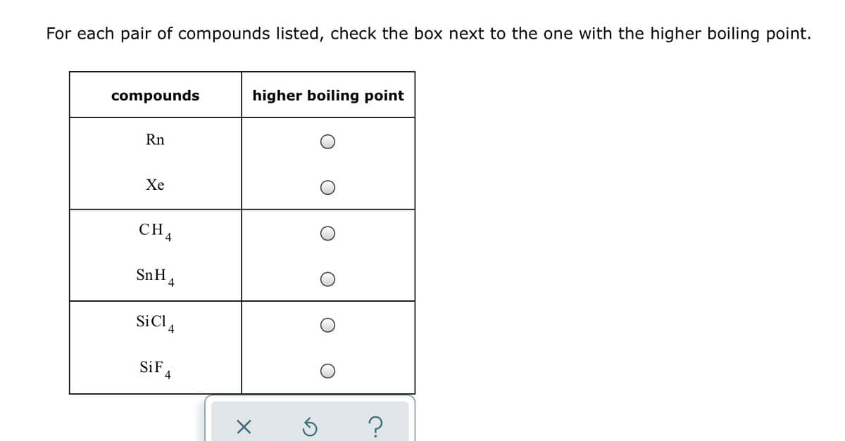 For each pair of compounds listed, check the box next to the one with the higher boiling point.
compounds
higher boiling point
Rn
Хе
CH4
SnH,
SiCl,
SiF
4

