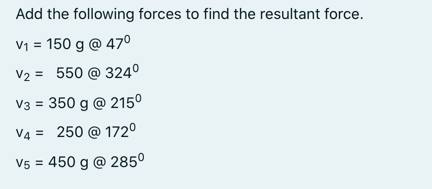 Add the following forces to find the resultant force.
V1 = 150 g @ 470
V2 = 550 @ 324°
V3 = 350 g @ 215°
V4 = 250 @ 172°
V5 = 450 g @ 285°
