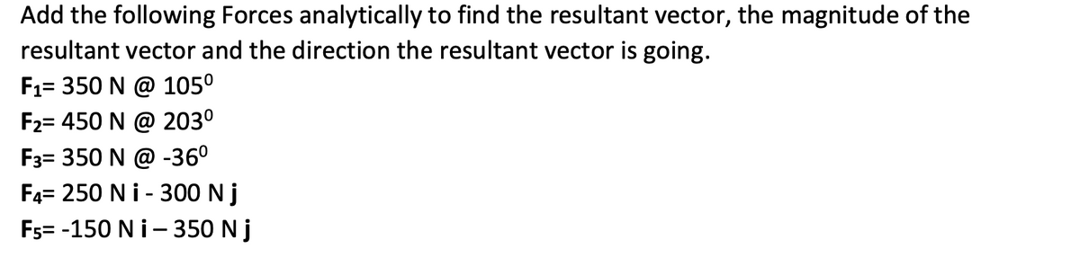 Add the following Forces analytically to find the resultant vector, the magnitude of the
resultant vector and the direction the resultant vector is going.
F1= 350 N @ 105°
F2= 450 N @ 2030
F3= 350 N @ -36°
F4= 250 N i - 300 N j
Fs= -150 N i-350 N j
