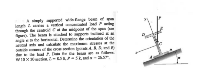 A simply supported wide-flange beam of span
length L carries a vertical concentrated load P acting
through the centroid C at the midpoint of the span (see
figure). The beam is attacbed to supports inclined at an
angle a to the horizontal. Determine the orientation of the
neutral axis and calculate the maximum stresses at the
outside comers of the cross section (points A, B, D, 'and E)
due to the load P. Data for the beam are as follows.
W 10 × 30 section, L = 8.5 ft, P = 5 k, and a = 26.57°.
%3D
