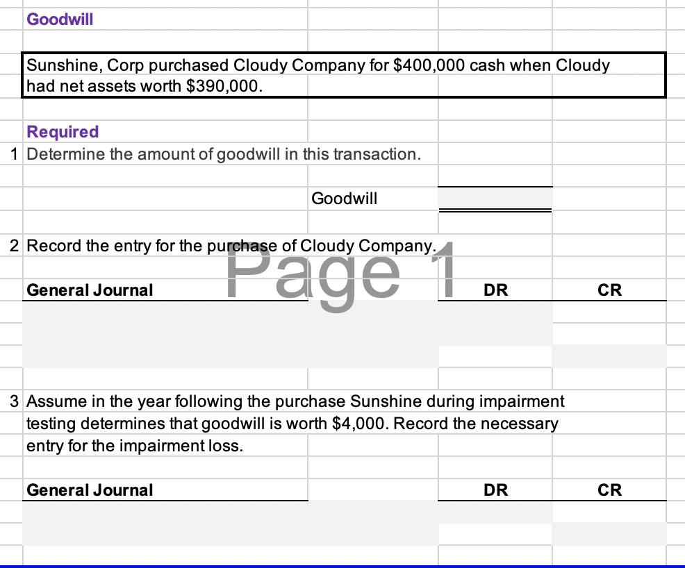 Goodwill
Sunshine, Corp purchased Cloudy Company for $400,000 cash when Cloudy
had net assets worth $390,000.
Required
1 Determine the amount of goodwill in this transaction.
Goodwill
2 Record the entry for the purchase of Cloudy Company.
Page 1
General Journal
DR
CR
3 Assume in the year following the purchase Sunshine during impairment
testing determines that goodwill is worth $4,000. Record the necessary
entry for the impairment loss.
General Journal
DR
CR
