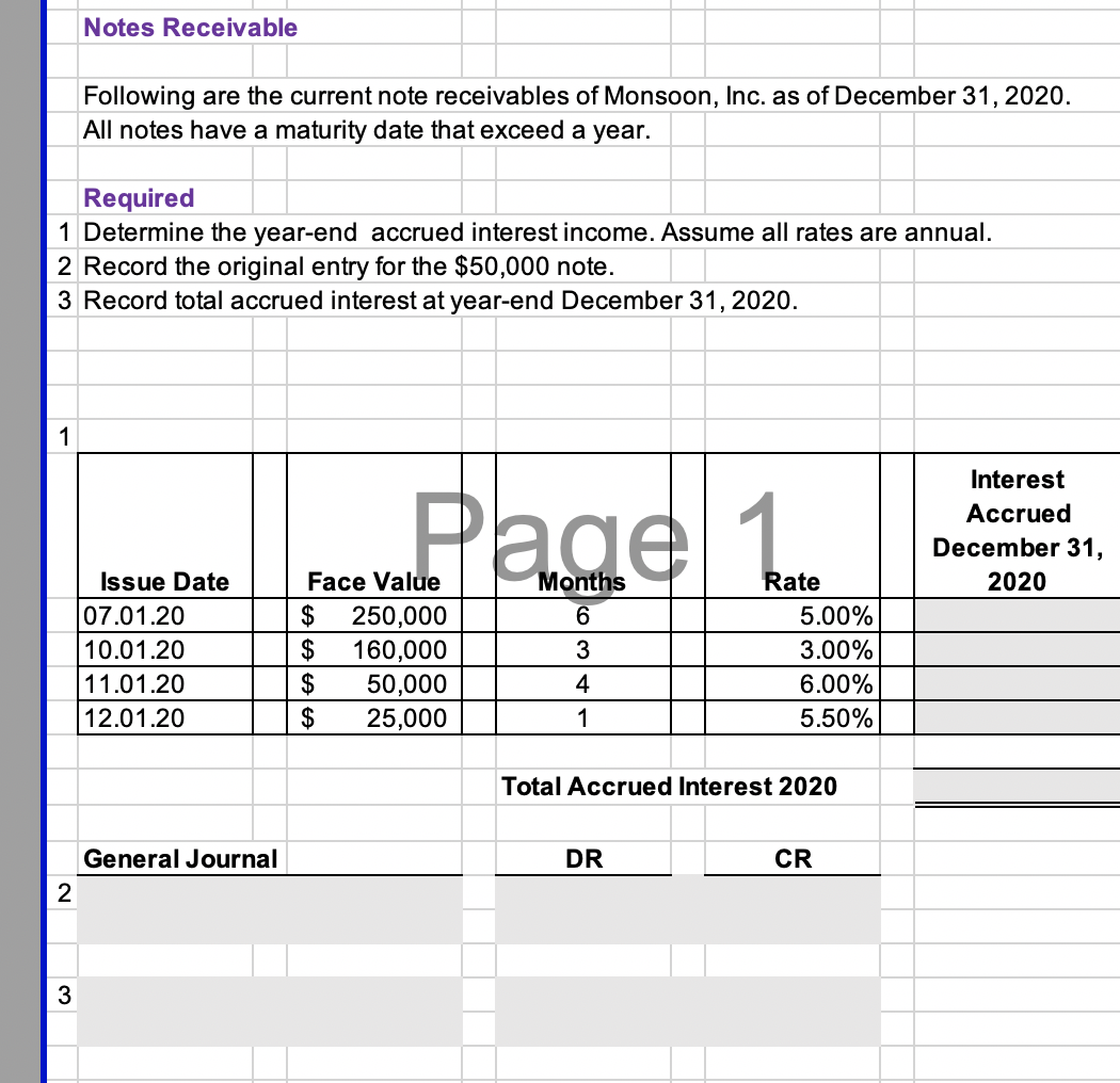Notes Receivable
Following are the current note receivables of Monsoon, Inc. as of December 31, 2020.
All notes have a maturity date that exceed a year.
Required
1 Determine the year-end accrued interest income. Assume all rates are annual.
2 Record the original entry for the $50,000 note.
3 Record total accrued interest at year-end December 31, 2020.
1
Interest
Page 1
Accrued
December 31,
Issue Date
Face Value
Months
Rate
2020
$
$
$
$
07.01.20
250,000
6.
5.00%
10.01.20
160,000
3.00%
11.01.20
50,000
4
6.00%
12.01.20
25,000
1
5.50%
Total Accrued Interest 2020
General Journal
DR
CR
3
2.
