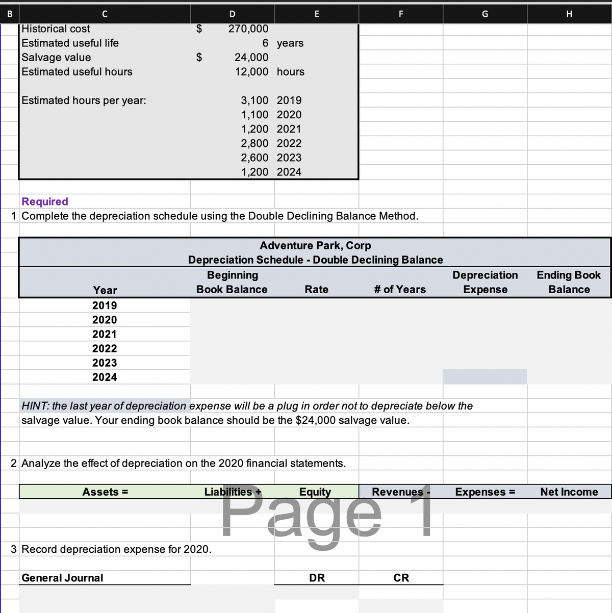 C
E
F
H
|Historical cost
Estimated useful life
2$
270,000
6 years
Salvage value
Estimated useful hours
$
24,000
12,000 hours
Estimated hours per year:
3,100 2019
1,100 2020
1,200 2021
2,800 2022
2,600 2023
1,200 2024
Required
1 Complete the depreciation schedule using the Double Declining Balance Method.
Adventure Park, Corp
Depreciation Schedule - Double Declining Balance
Depreciation
Expense
Ending Book
Balance
Beginning
Year
Book Balance
Rate
# of Years
2019
2020
2021
2022
2023
2024
HINT: the last year of depreciation expense will be a plug in order not to depreciate below the
salvage value. Your ending book balance should be the $24,000 salvage value.
2 Analyze the effect of depreciation on the 2020 financial statements.
Page 1
Assets =
Liabilities +
Equity
Revenues
Expenses =
Net Income
3 Record depreciation expense for 2020.
General Journal
DR
CR
