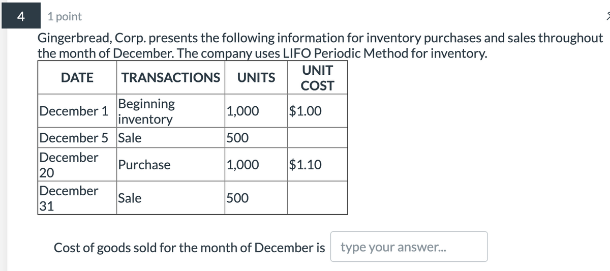 4
1 point
Gingerbread, Corp. presents the following information for inventory purchases and sales throughout
the month of December. The company uses LIFO Periodic Method for inventory.
UNIT
DATE
TRANSACTIONS
UNITS
COST
Beginning
|inventory
December 1
|1,000
$1.00
December 5 Sale
December
20
December
31
500
Purchase
1,000
$1.10
Sale
500
Cost of goods sold for the month of December is type your answer.
