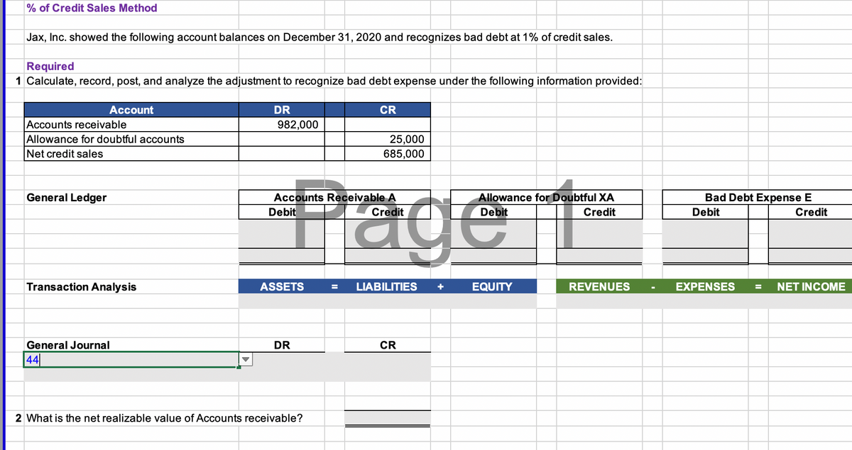 % of Credit Sales Method
Jax, Inc. showed the following account balances on December 31, 2020 and recognizes bad debt at 1% of credit sales.
Required
1 Calculate, record, post, and analyze the adjustment to recognize bad debt expense under the following information provided:
Account
DR
CR
Accounts receivable
Allowance for doubtful accounts
982,000
25,000
Net credit sales
685,000
Page
Allowance for Doubtful XA
Debit
General Ledger
Accounts Receivable A
Debit
Bad Debt Expense E
Credit
Credit
Debit
Credit
Transaction Analysis
ASSETS
LIABILITIES
EQUITY
REVENUES
EXPENSES
NET INCOME
+
General Journal
DR
CR
44
2 What is the net realizable value of Accounts receivable?
