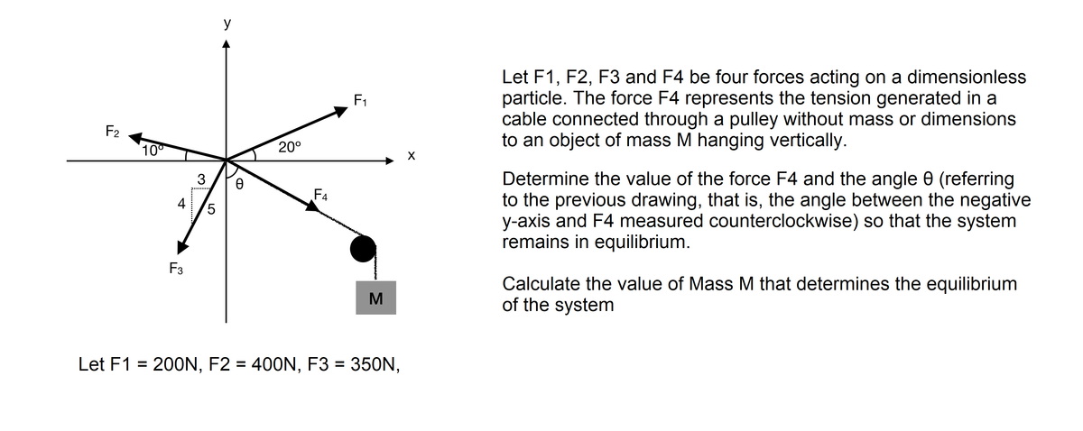 y
Let F1, F2, F3 and F4 be four forces acting on a dimensionless
particle. The force F4 represents the tension generated in a
cable connected through a pulley without mass or dimensions
to an object of mass M hanging vertically.
F1
F2
10°
20°
X
Determine the value of the force F4 and the angle e (referring
to the previous drawing, that is, the angle between the negative
y-axis and F4 measured counterclockwise) so that the system
remains in equilibrium.
3
F4
4
F3
Calculate the value of Mass M that determines the equilibrium
of the system
M
Let F1 = 200N, F2 = 400N, F3 = 350N,
LO
