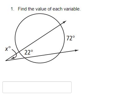 1. Find the value of each variable.
| 72°
22°
