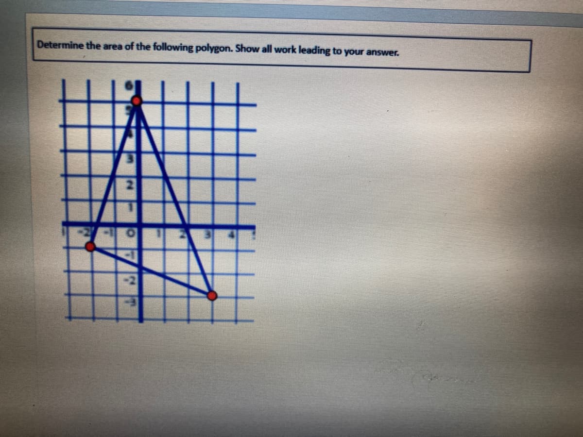 Determine the area of the following polygon. Show all work leading to your answer.
