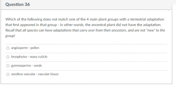 Question 36
Which of the following does not match one of the 4 main plant groups with a terrestrial adaptation
that first appeared in that group - in other words, the ancestral plant did not have the adaptation.
Recall that all species can have adaptations that carry over from their ancestors, and are not "new" to the
group!
O angiosperm - pollen
bryophytes - waxy cuticle
O Bymnosperms - seeds
O seedless vascular - vascular tissue
