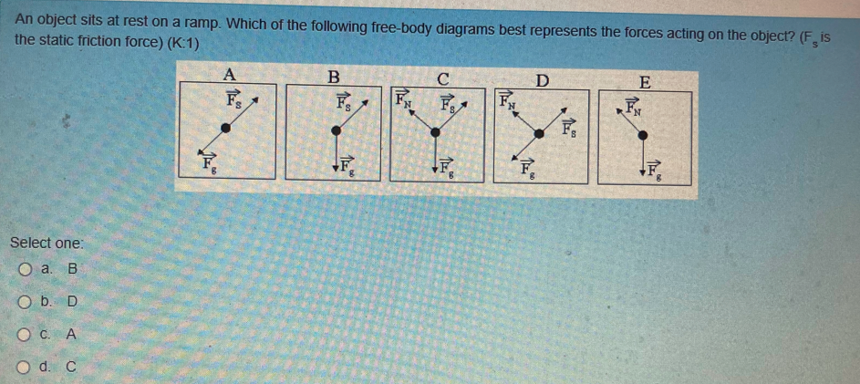 An object sits at rest on a ramp. Which of the following free-body diagrams best represents the forces acting on the object? (Fis
the static friction force) (K:1)
B
C
D
E
A
F
F₁
FN
Select one:
O a. B
O b. D
O c. A
O d. C
F
F
F
F₁
F.
F
+F₁