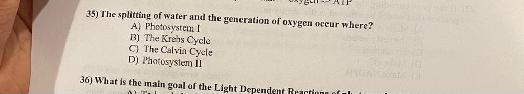 35) The splitting of water and the generation of oxygen occur where?
A) Photosystem I
B) The Krebs Cycle
C) The Calvin Cycle
D) Photosystem II
36) What is the main goal of the Light Dependent Reactiono of ul
A) T
