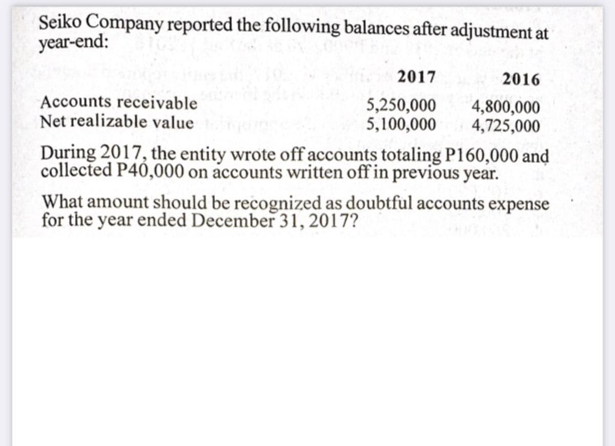 Seiko Company reported the following balances after adjustment at
year-end:
2017
2016
Accounts receivable
Net realizable value
5,250,000
5,100,000
4,800,000
4,725,000
During 2017, the entity wrote off accounts totaling P160,000 and
collected P40,000 on accounts written off in previous year.
What amount should be recognized as doubtful accounts expense
for the year ended December 31, 2017?
