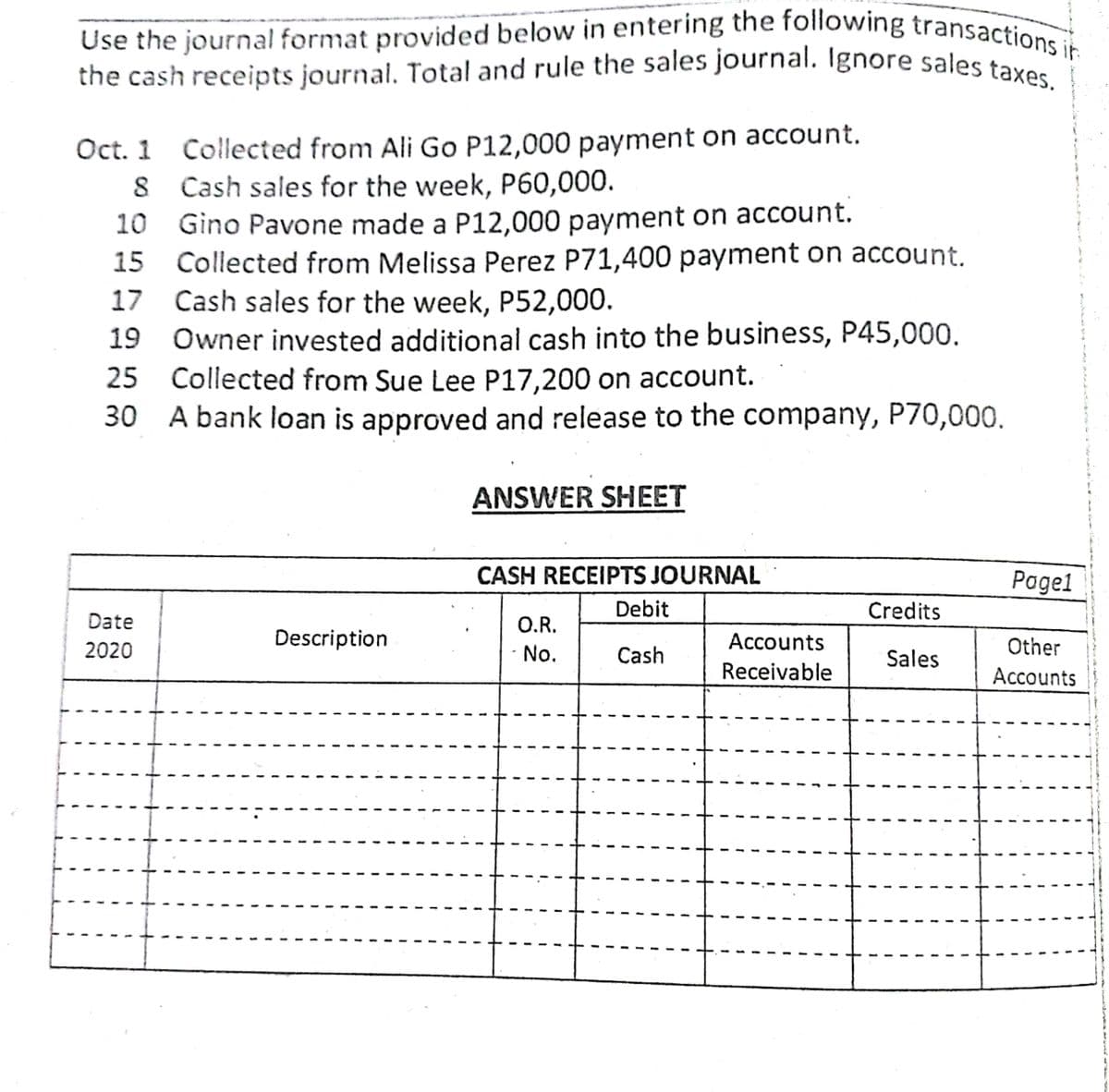 the cash receipts journal. Total and rule the sales journal. Ignore sales taxes.
Use the journal format provided below in entering the following transactions it
Oct. 1 Collected from Ali Go P12,000 payment on account.
8 Cash sales for the week, P60,000.
10 Gino Pavone made a P12,000 payment on account.
15 Collected from Melissa Perez P71,400 payment on account.
17 Cash sales for the week, P52,000.
19 Owner invested additional cash into the business, P45,000.
25 Collected from Sue Lee P17,200 on account.
30 A bank loan is approved and release to the company, P70,000.
ANSWER SHEET
CASH RECEIPTS JOURNAL
Pagel
Debit
Credits
Date
O.R.
2020
Description
Accounts
Other
No.
Cash
Sales
Receivable
Accounts
1.
1.
