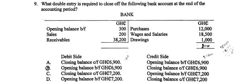 9. What double entry is required to close off the following bank account at the end of the
accounting period?
BANK
GHC
300 Purchases
200 Wages and Salaries
38,200 Drawings
GHC
Opening balance b/f
Sales
Receivables
12,000
18,500
1,000
300
Debit Side
Closing balance c/f GHC6,900.
Opening balance b/f GHC6,900
Closing balance c/f GHC7,200.
Opening balance b/f GHC7,200.
Credit Side
Opening balance b/f GHC6,900
Closing balance c/f GHC6,900
Opening balance b/f GHC7,200
Closing balance c/f GHC7,200
A.
C.
D.
