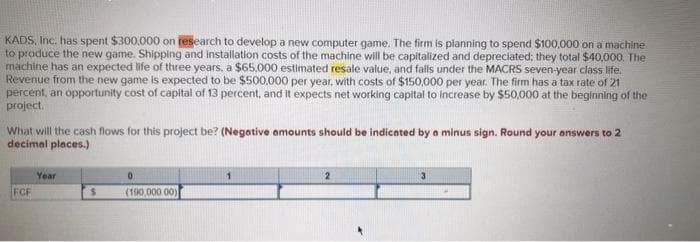 KADS, Inc. has spent $300,000 on research to develop a new computer game. The firm is planning to spend $100,000 on a machine
to produce the new game. Shipping and Installation costs of the machine will be capitalized and depreciated; they total $40,000. The
machine has an expected life of three years, a $65,000 estimated resale value, and falls under the MACRS seven-year class life.
Revenue from the new game is expected to be $500,000 per year, with costs of $150,000 per year. The firm has a tax rate of 21
percent, an opportunity cost of capital of 13 percent, and it expects net working capital to Increase by $50,000 at the beginning of the
project.
What will the cash flows for this project be? (Negative amounts should be indicated by a minus sign. Round your answers to 2
decimal places.)
Year
FCF
(190,000 00)
