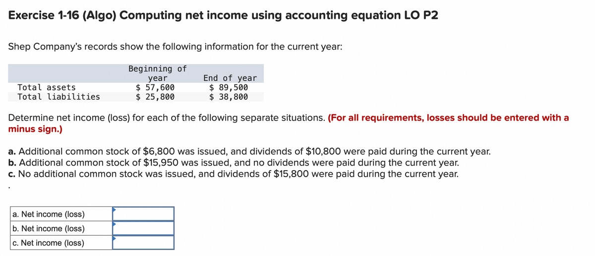 Exercise 1-16 (Algo) Computing net income using accounting equation LO P2
Shep Company's records show the following information for the current year:
Beginning of
year
$ 57,600
$ 25,800
End of year
$ 89,500
$ 38,800
Total assets
Total liabilities
Determine net income (loss) for each of the following separate situations. (For all requirements, losses should be entered with a
minus sign.)
a. Additional common stock of $6,800 was issued, and dividends of $10,800 were paid during the current year.
b. Additional common stock of $15,950 was issued, and no dividends were paid during the current year.
c. No additional common stock was issued, and dividends of $15,800 were paid during the current year.
a. Net income (loss)
b. Net income (loss)
c. Net income (loss)
